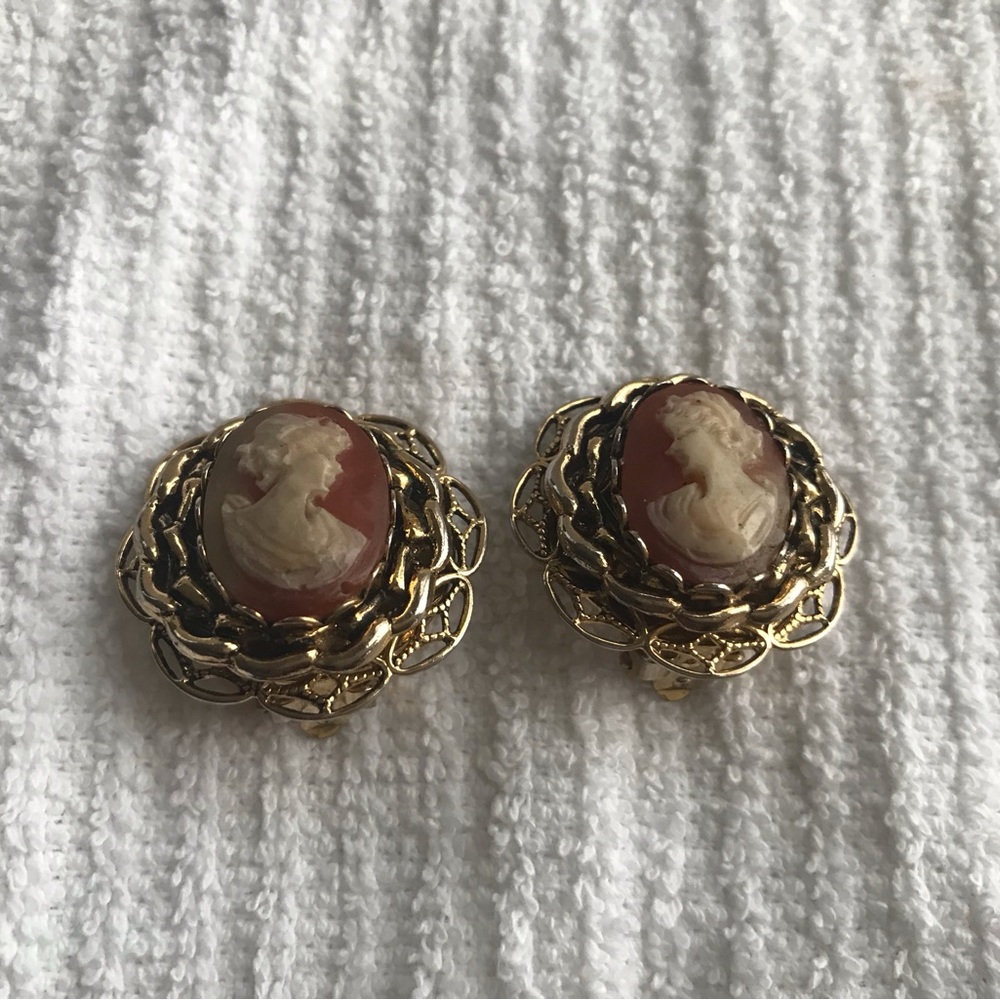 Gold and Cream Cameo Clip-On Earrings